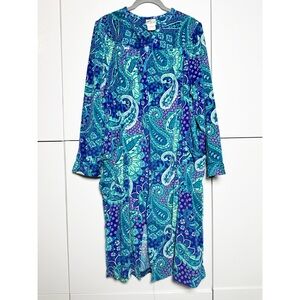 Vintage House Coat Velour Size XL Paisley Blue Green Zip Front Pockets Granny